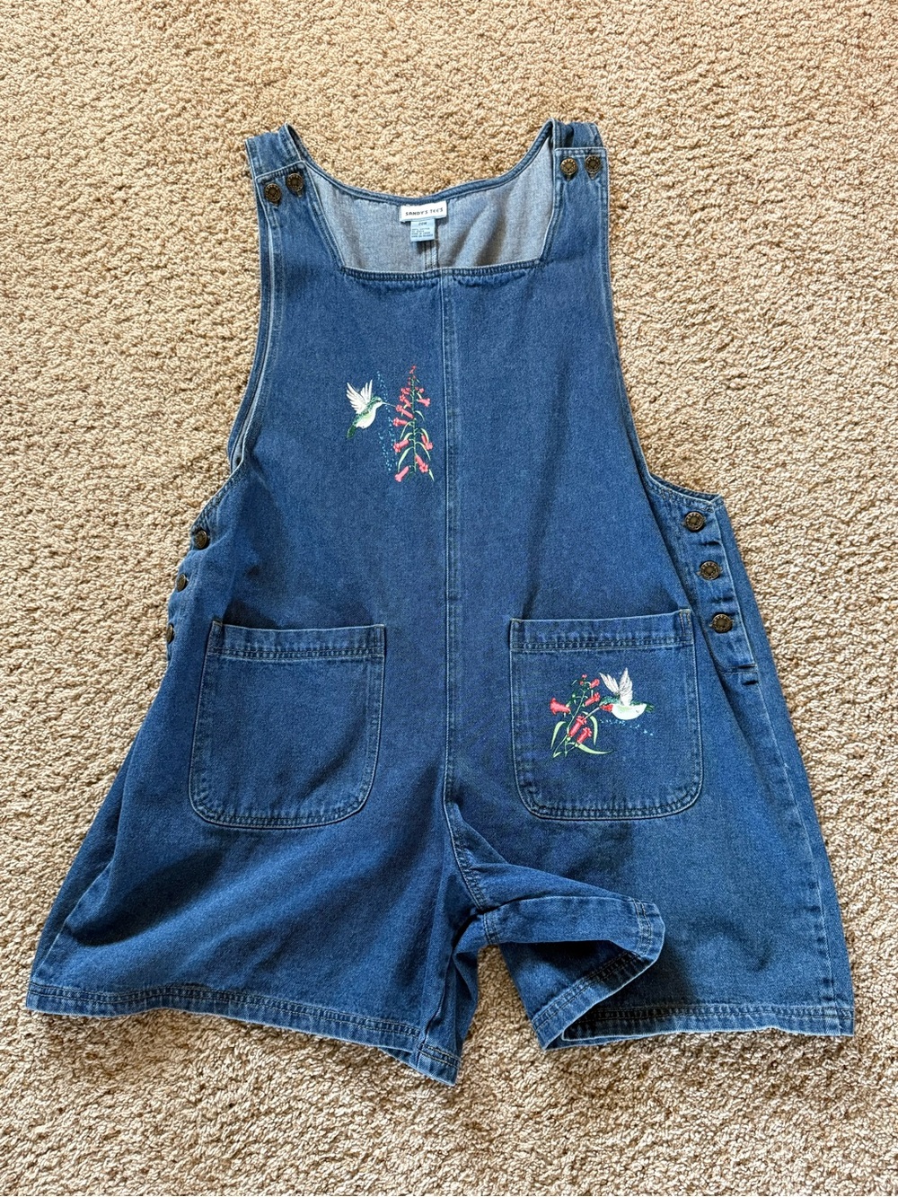 Cute Denim Short Overalls with Hummingbirds